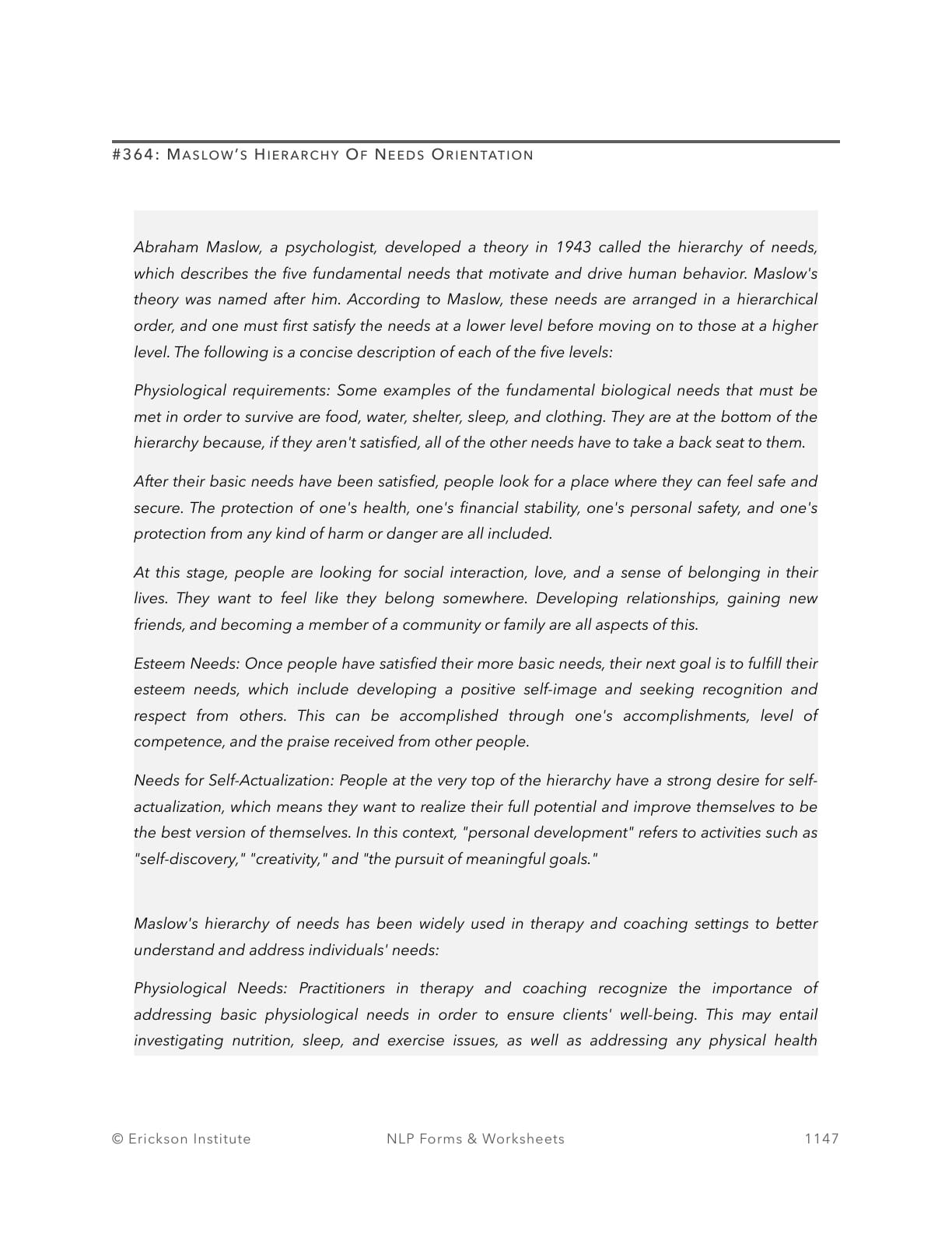 Maslow’s Hierarchy Of Needs Orientation - Neuro Linguistic Programming 1