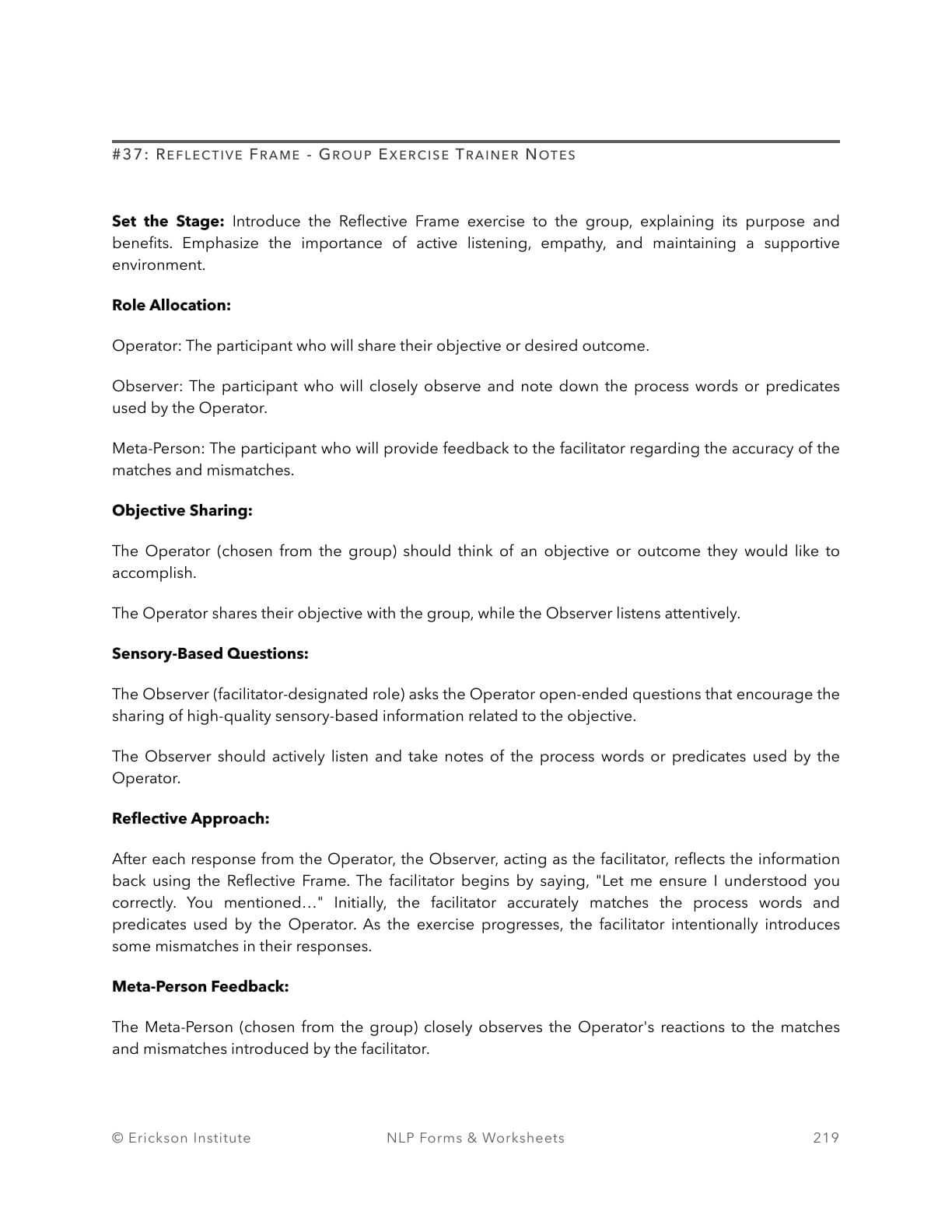 Reflective Frame - Group Exercise Trainer Notes - Neuro Linguistic Programming 1