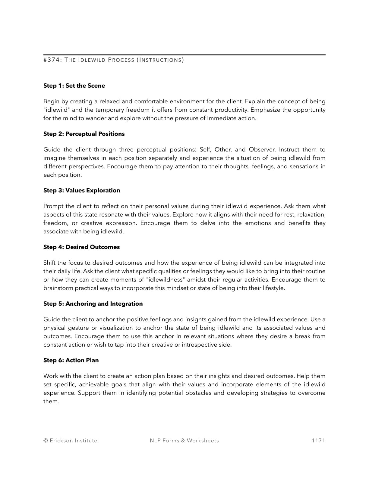 The Idlewild Process Worksheet - Neuro Linguistic Programming 1