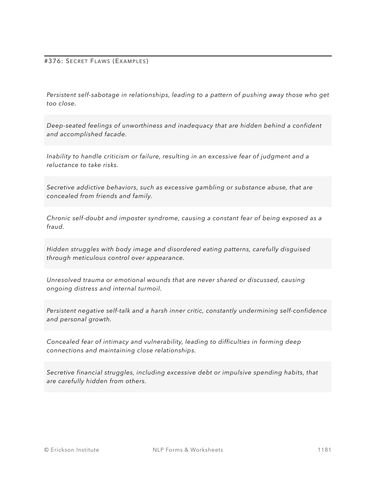 My Secret Flaws Worksheet - Neuro Linguistic Programming 1