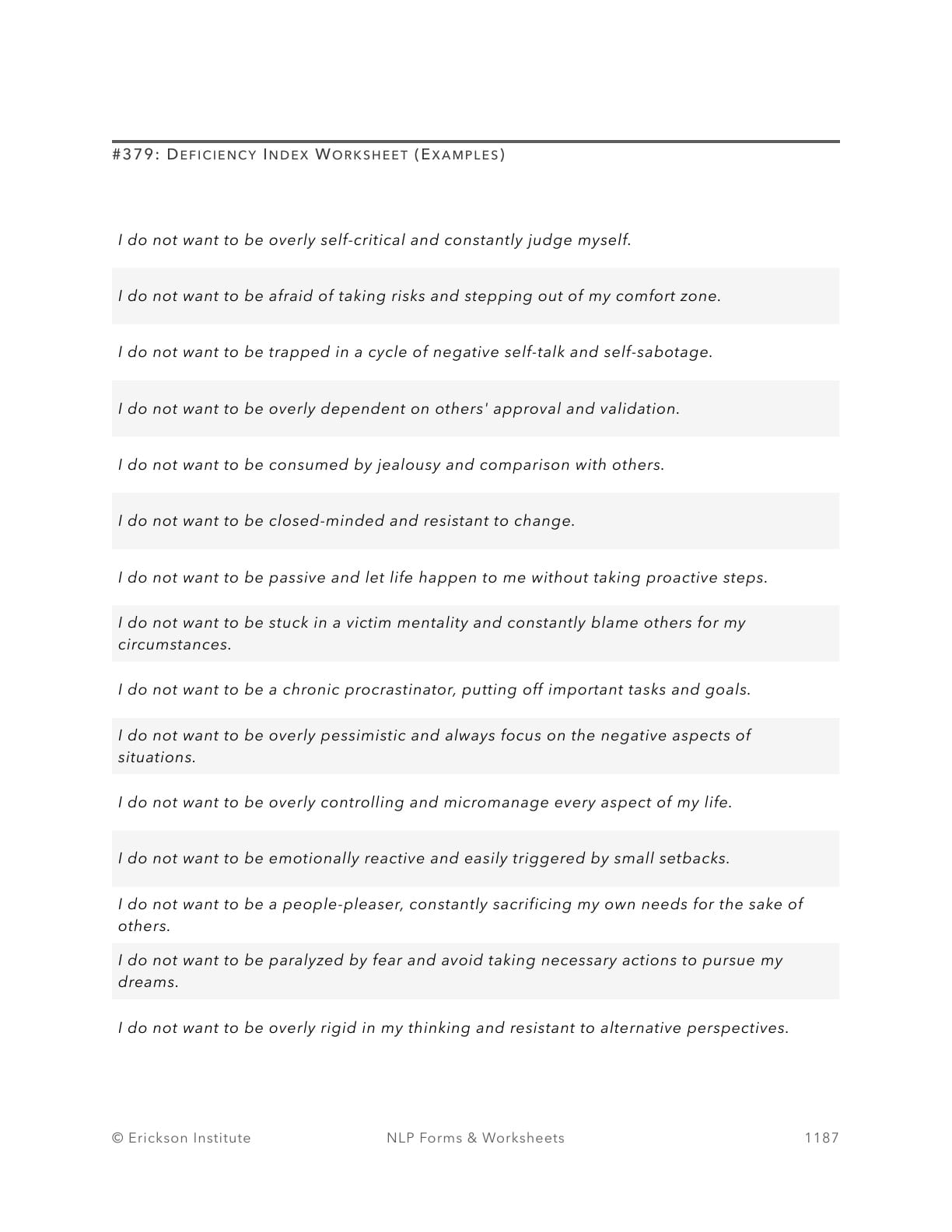 Deficiency Index Worksheet (Examples) - Neuro Linguistic Programming 1