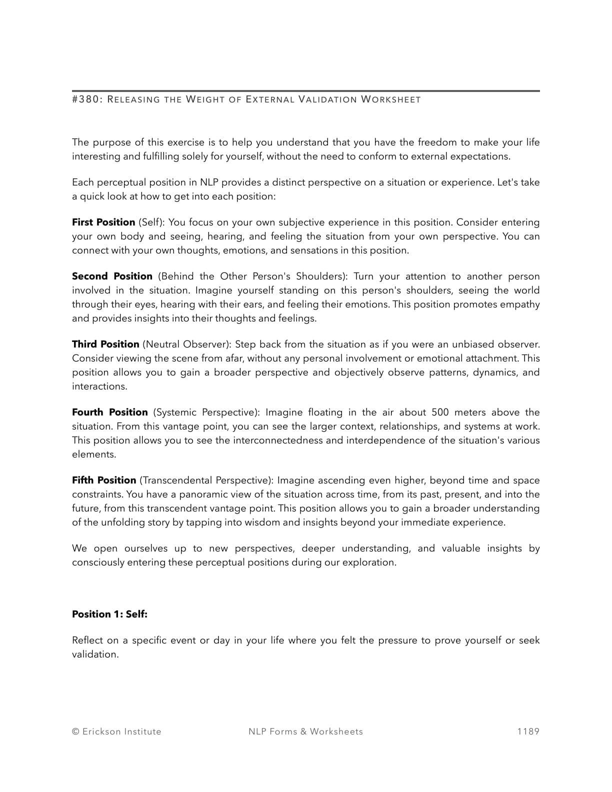 Releasing the Weight of External Validation Worksheet - Neuro Linguistic Programming 1