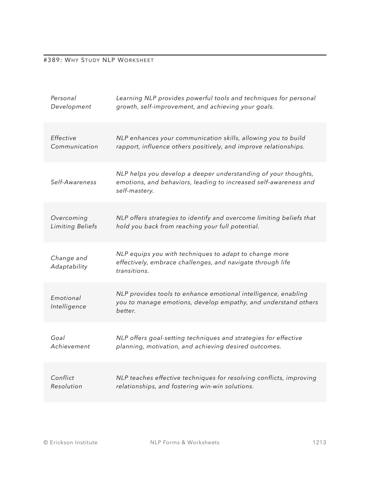Why Study NLP Worksheet - Neuro Linguistic Programming 1