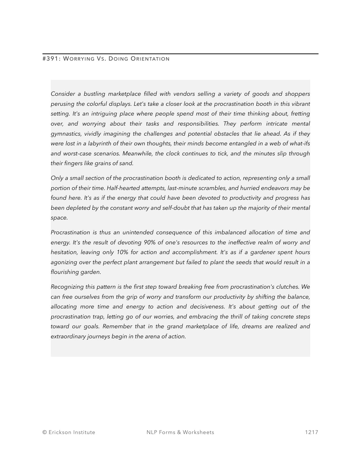 Worrying Vs. Doing Orientation - Neuro Linguistic Programming 1