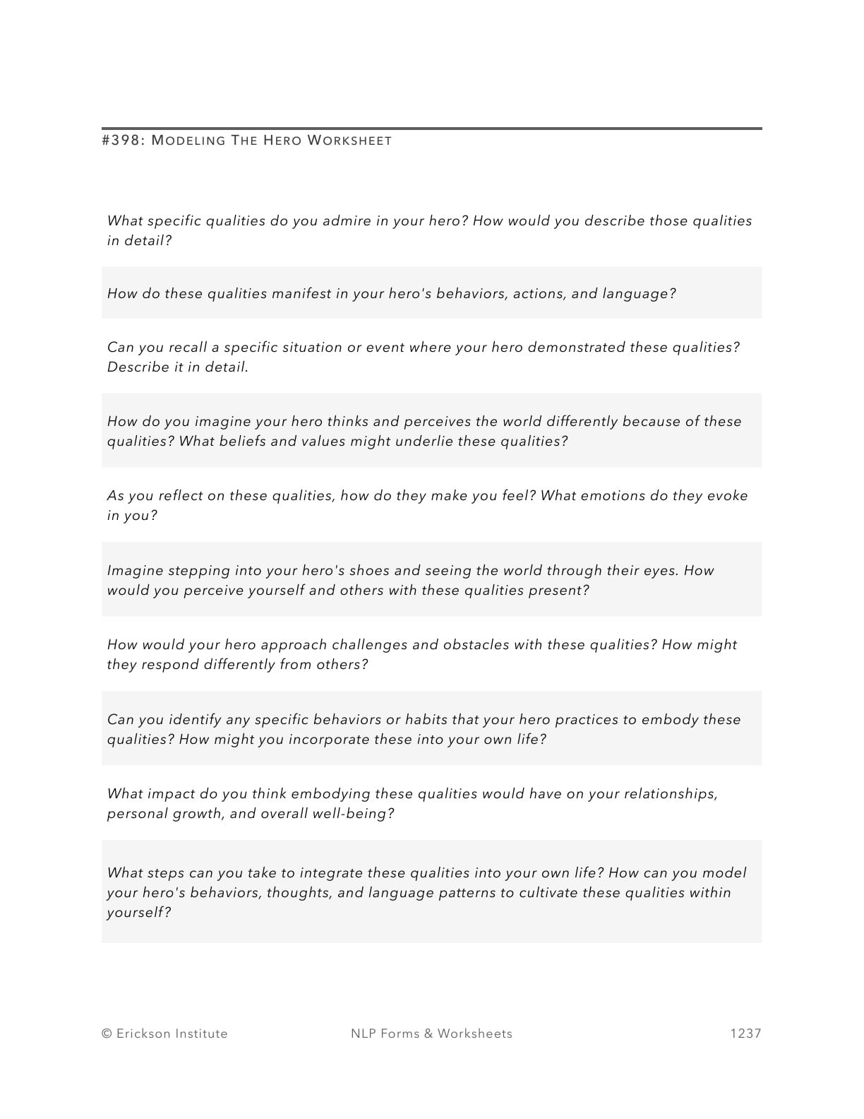 Modeling The Hero Worksheet - Neuro Linguistic Programming 1