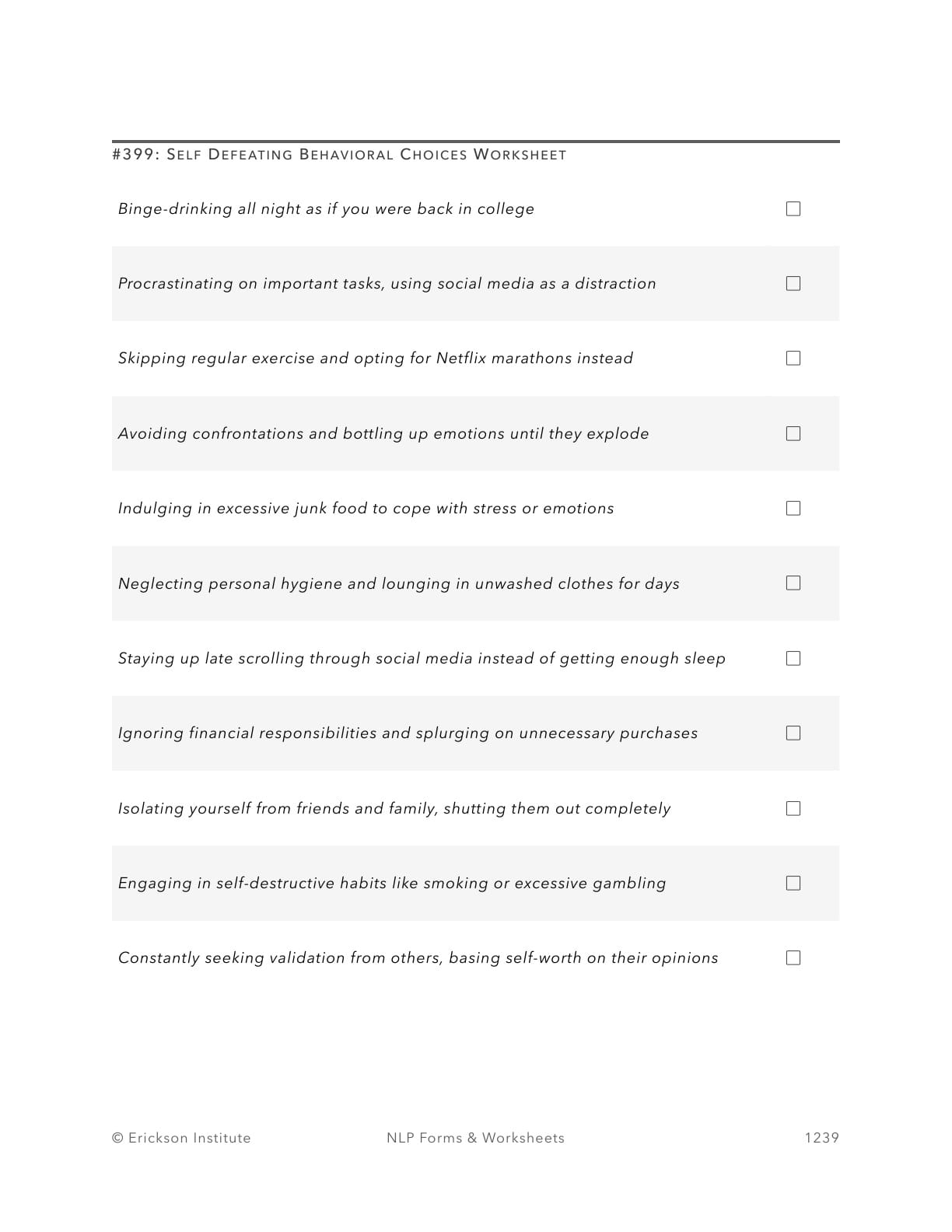 Self Defeating Behavioral Choices Worksheet - Neuro Linguistic Programming 1