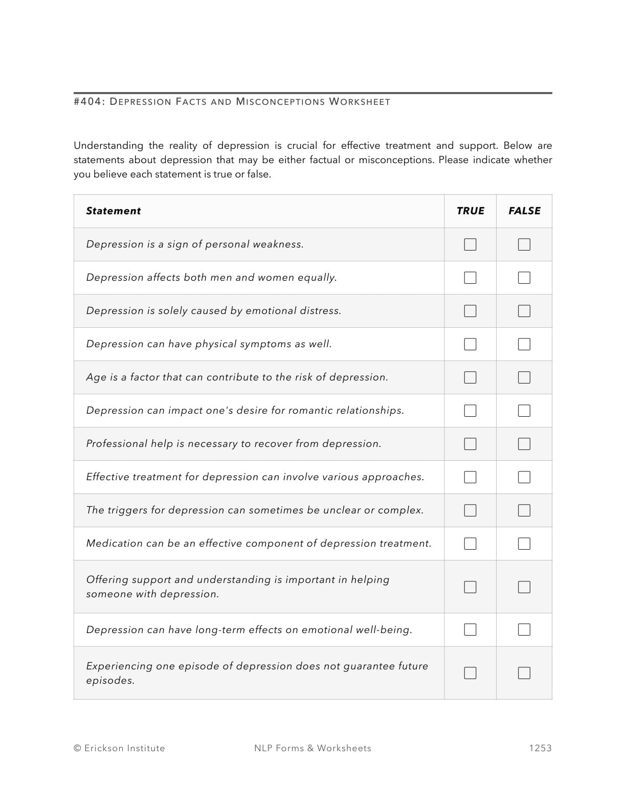 Depression Facts and Misconceptions Worksheet - Neuro Linguistic Programming 1
