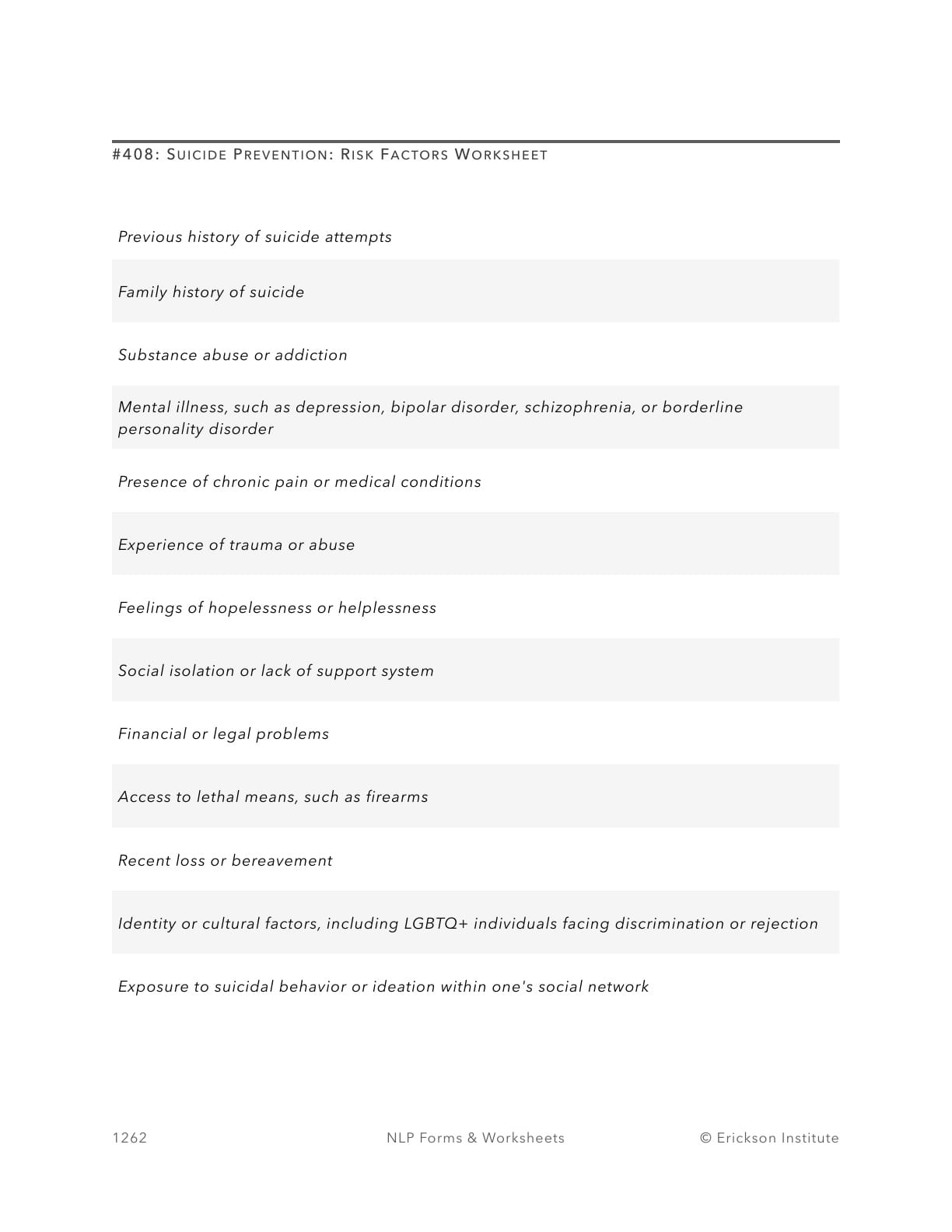 Suicide Prevention: Risk Factors Worksheet - Neuro Linguistic Programming 1