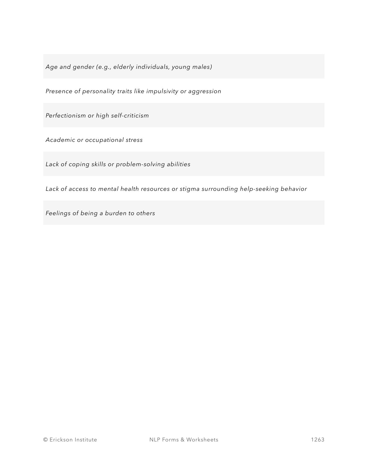 Suicide Prevention: Risk Factors Worksheet - Neuro Linguistic Programming 2