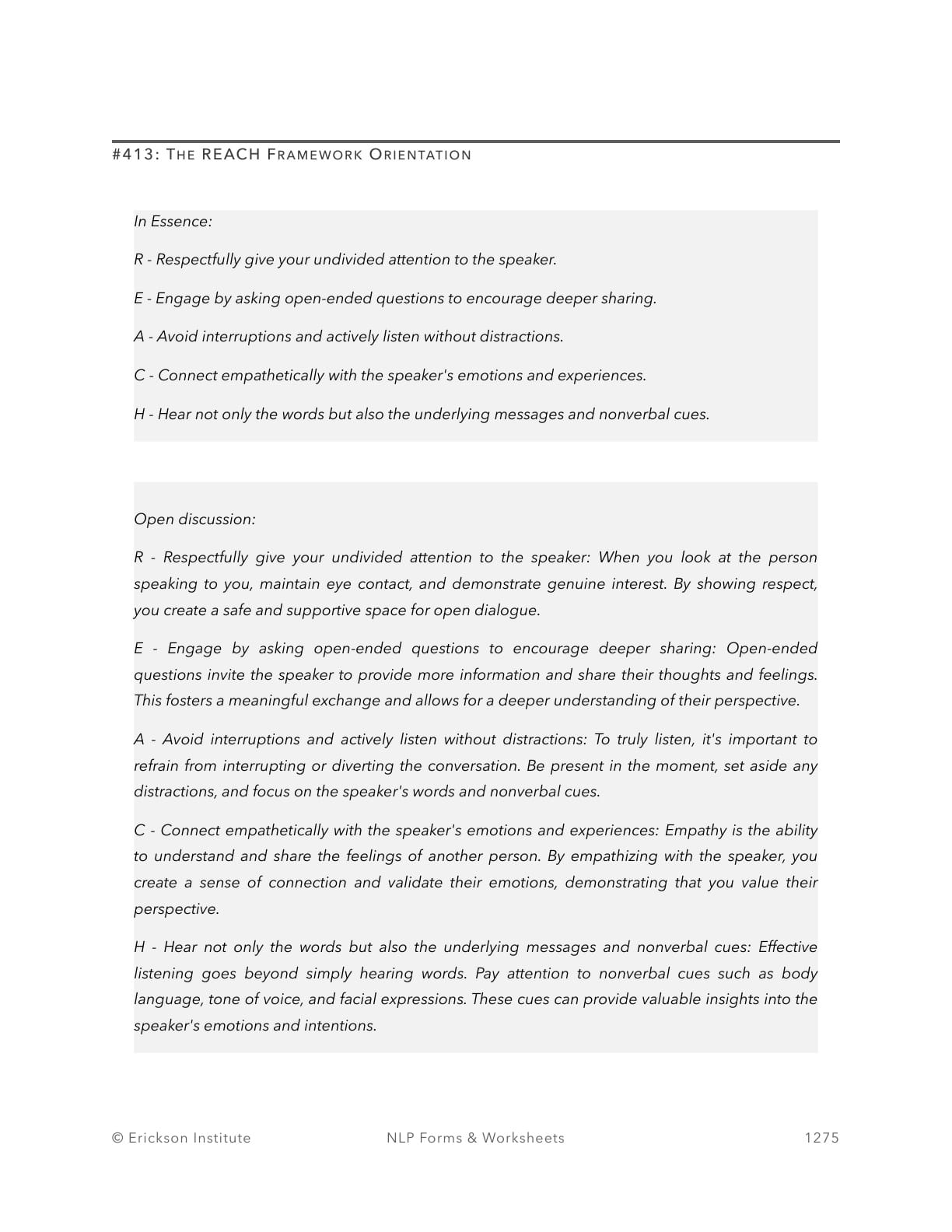 The REACH Framework Orientation - Neuro Linguistic Programming 1