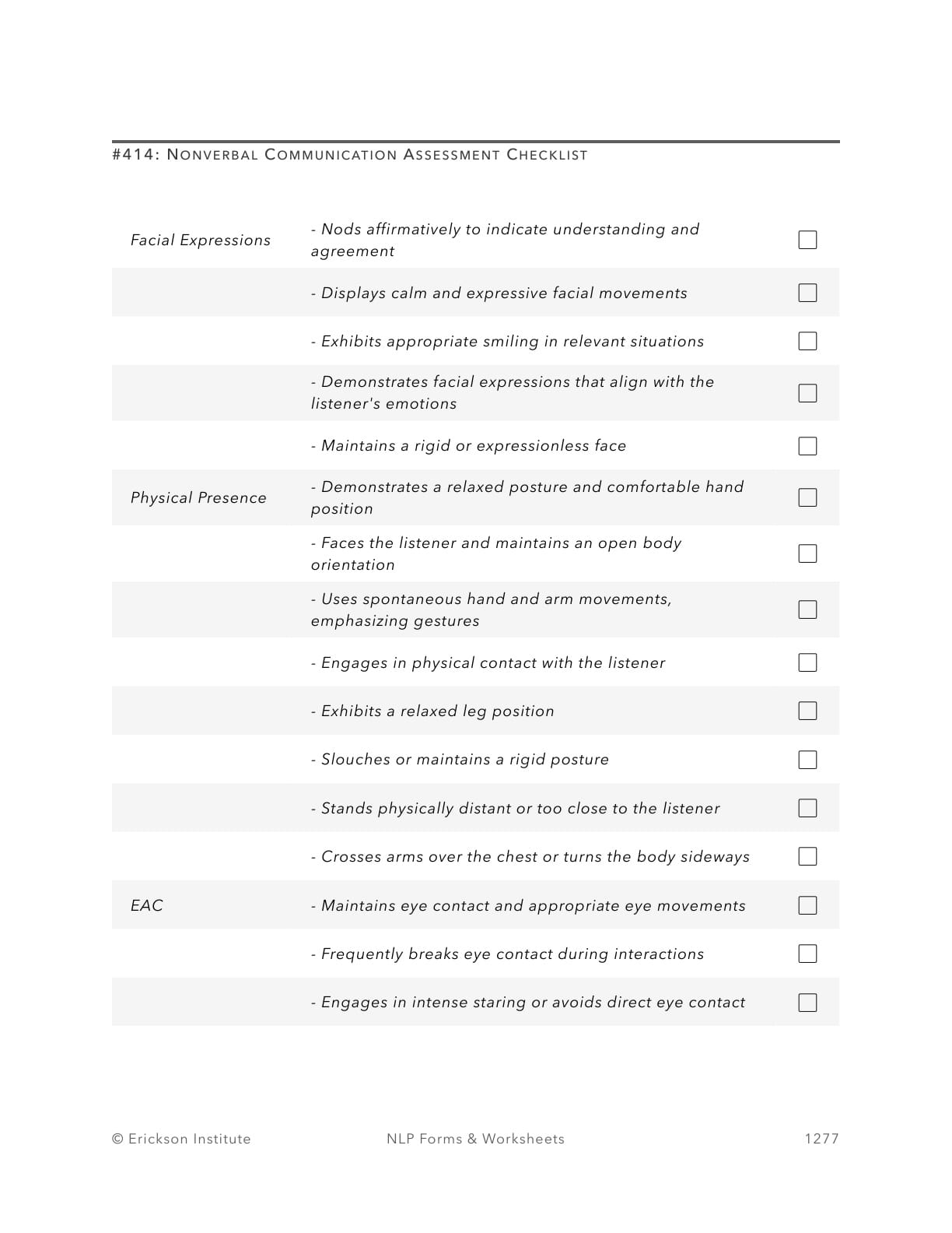 Nonverbal Communication Assessment Checklist - Neuro Linguistic Programming 1