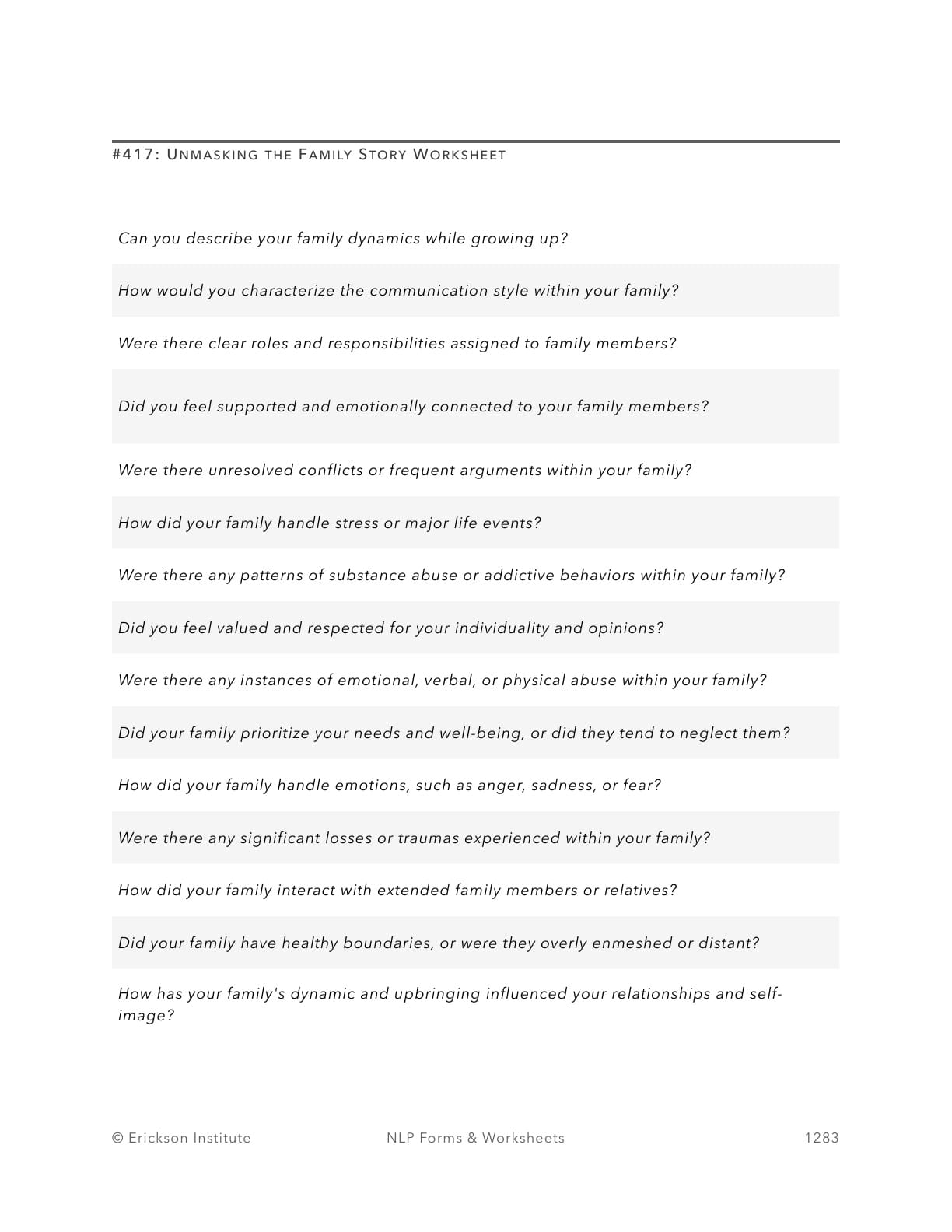 Unmasking the Family Story Worksheet - Neuro Linguistic Programming 1