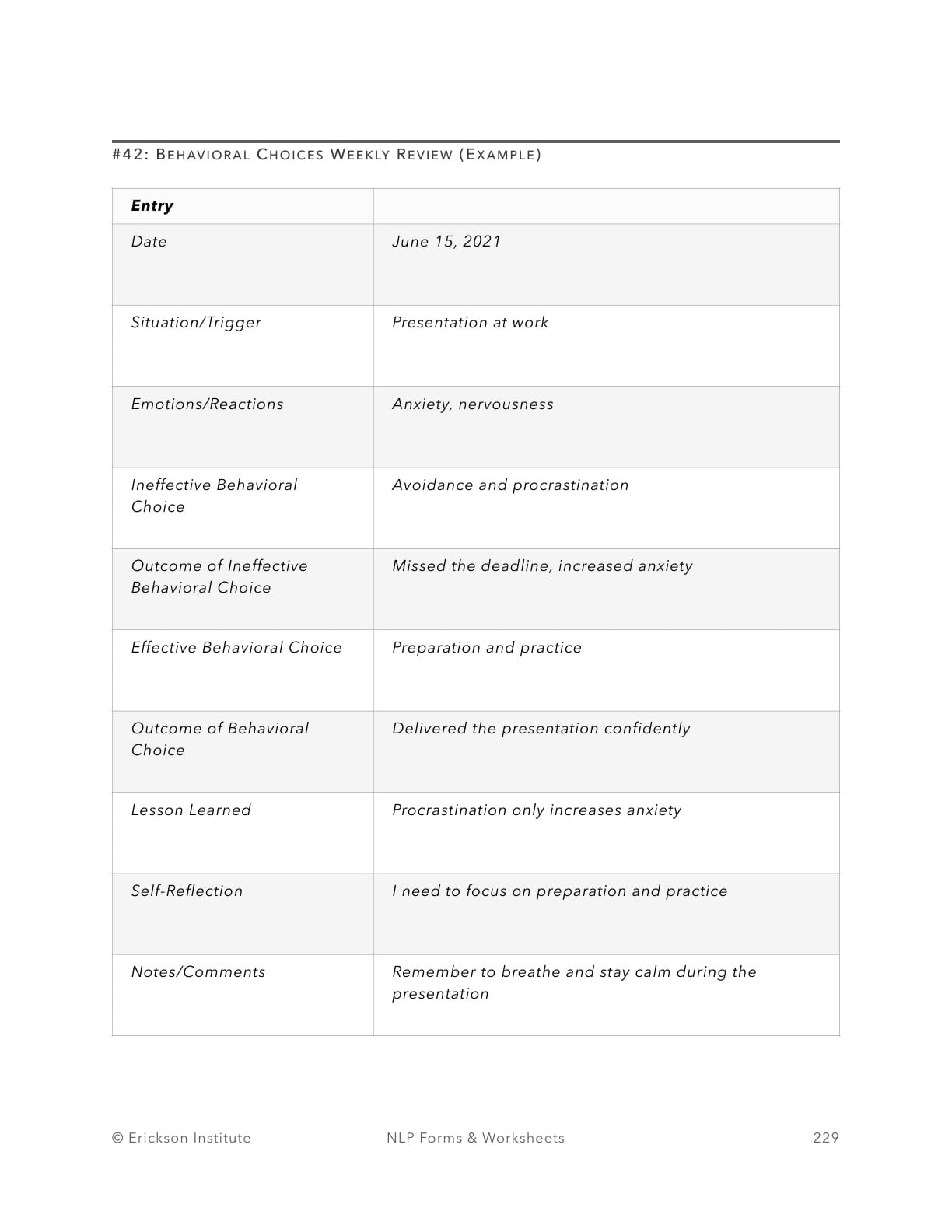 Behavioral Choices Weekly Review (Example) - Neuro Linguistic Programming 1