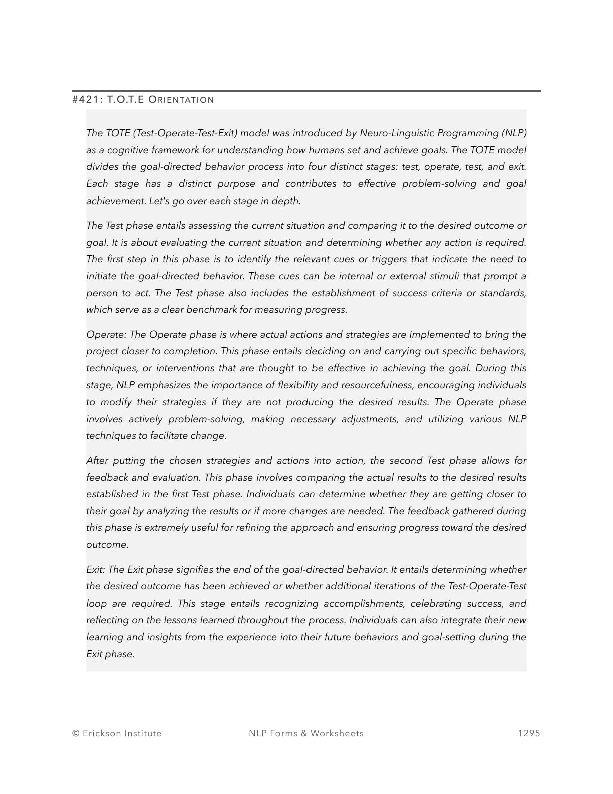 T.O.T.E Orientation - Neuro Linguistic Programming 1