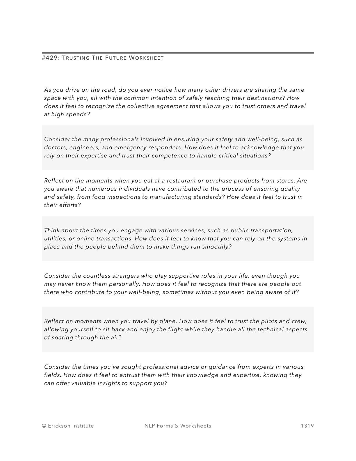 Trusting The Future Worksheet - Neuro Linguistic Programming 1