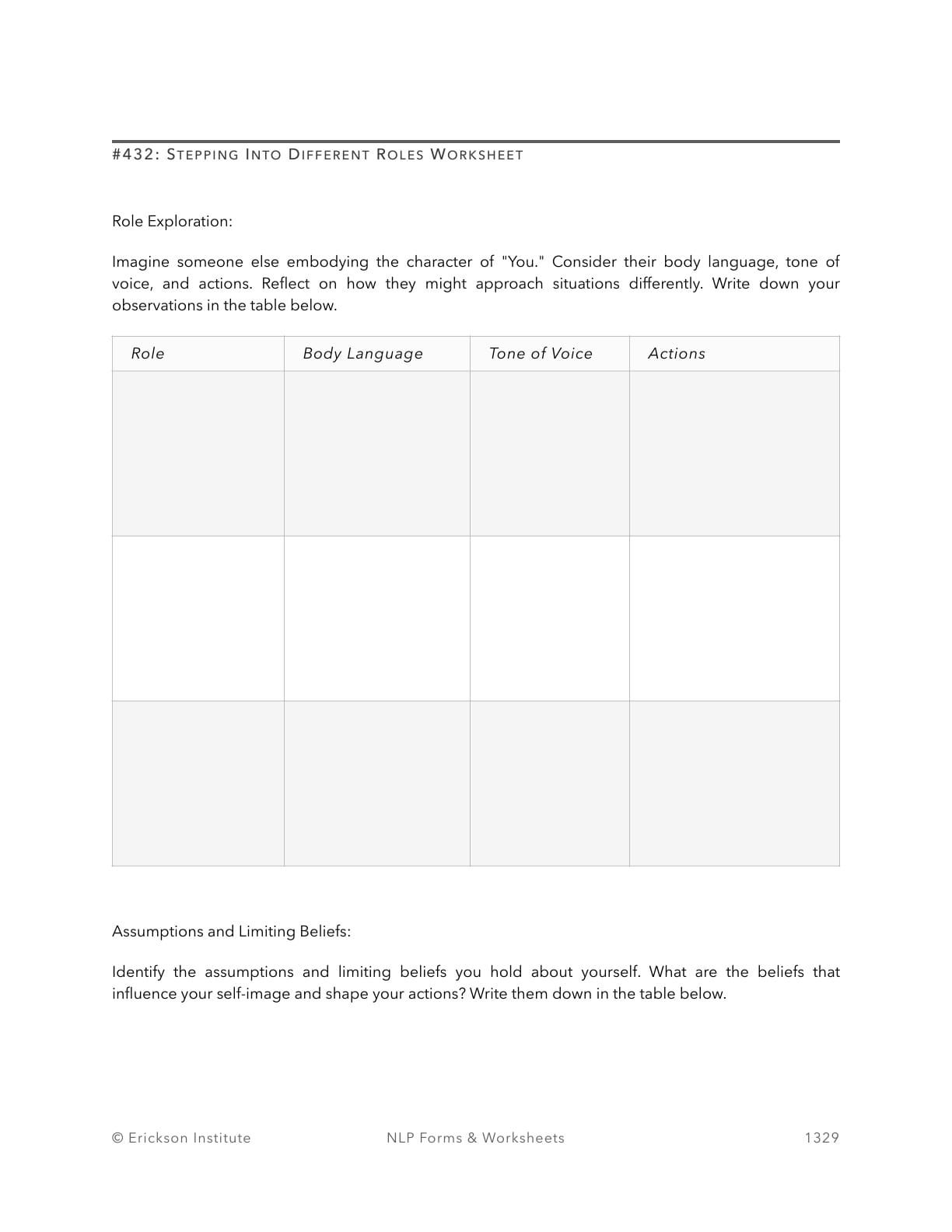 Stepping Into Different Roles Worksheet - Neuro Linguistic Programming 1