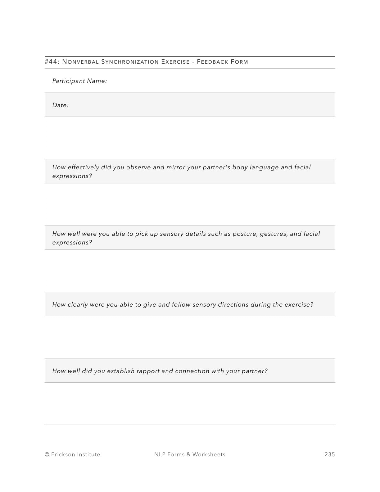 Nonverbal Synchronization Exercise - Feedback Form - Neuro Linguistic Programming 1