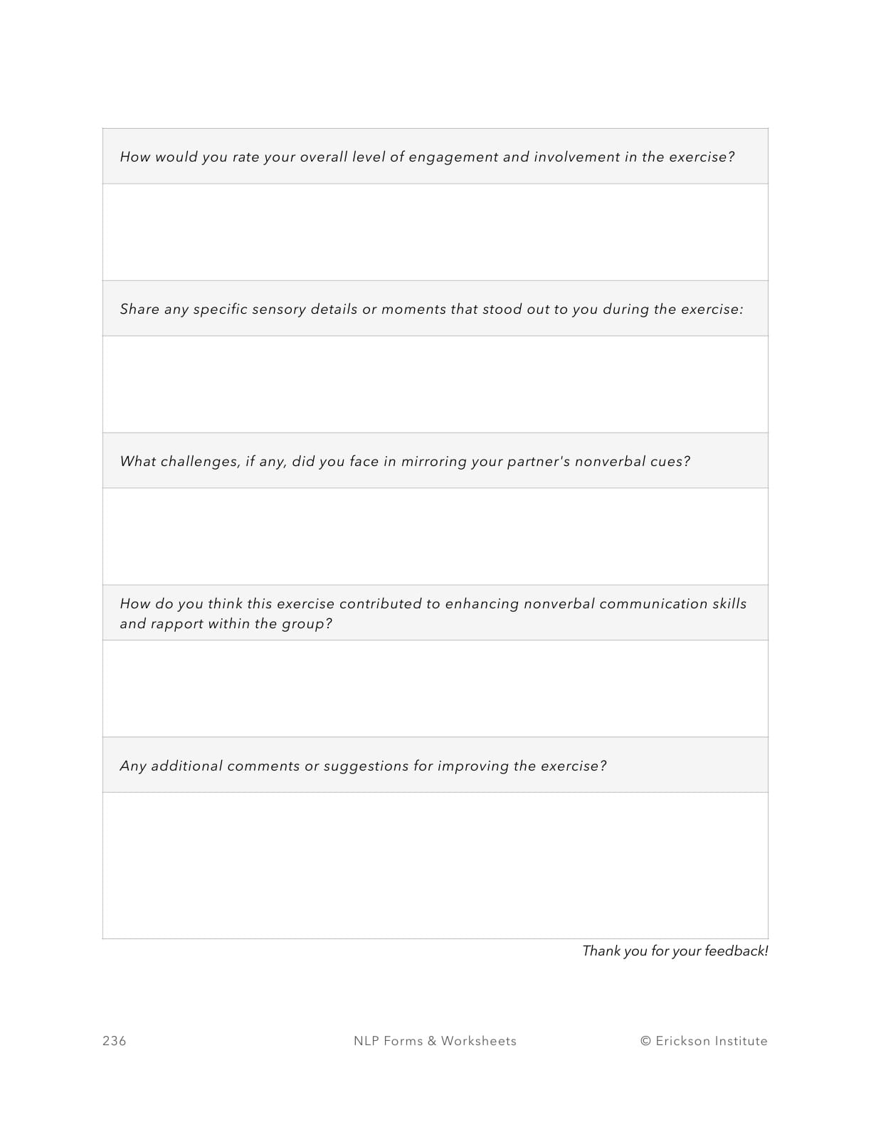 Nonverbal Synchronization Exercise - Feedback Form - Neuro Linguistic Programming 2