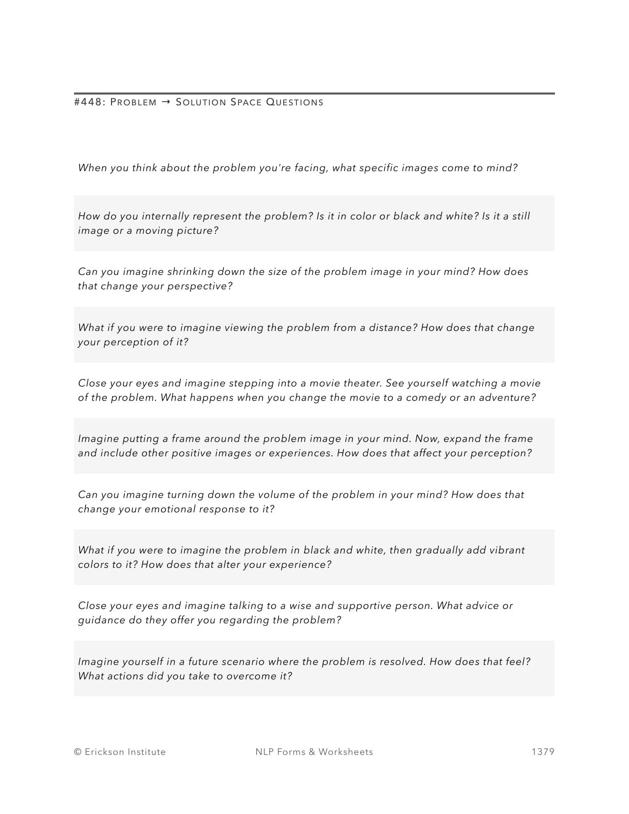 Problem Solution Space Questions - Neuro Linguistic Programming 1