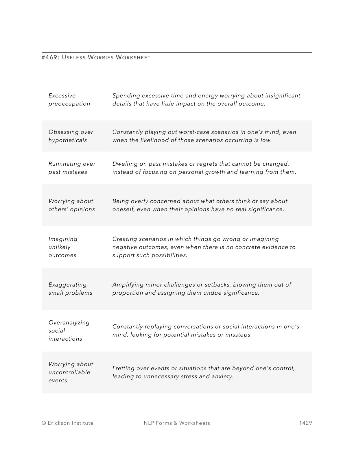 Useless Worries Worksheet - Neuro Linguistic Programming 1