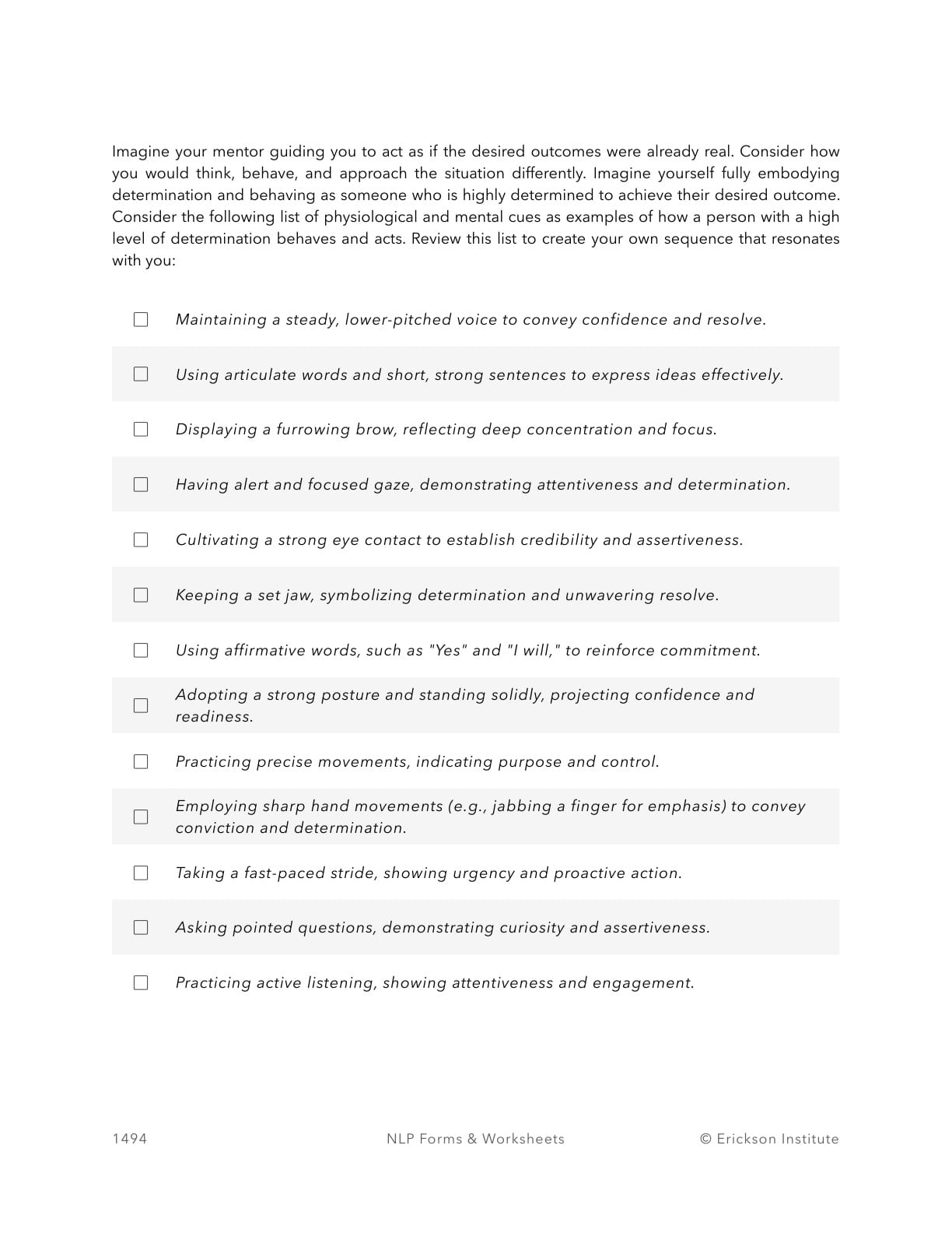 Installing Determination Worksheet - Neuro Linguistic Programming 4