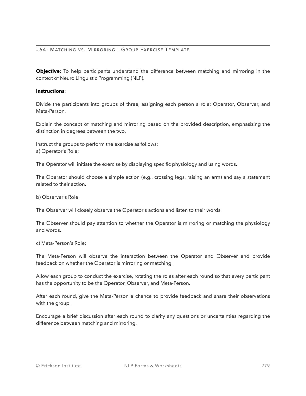 Matching vs. Mirroring - Group Exercise Template - Neuro Linguistic Programming 1