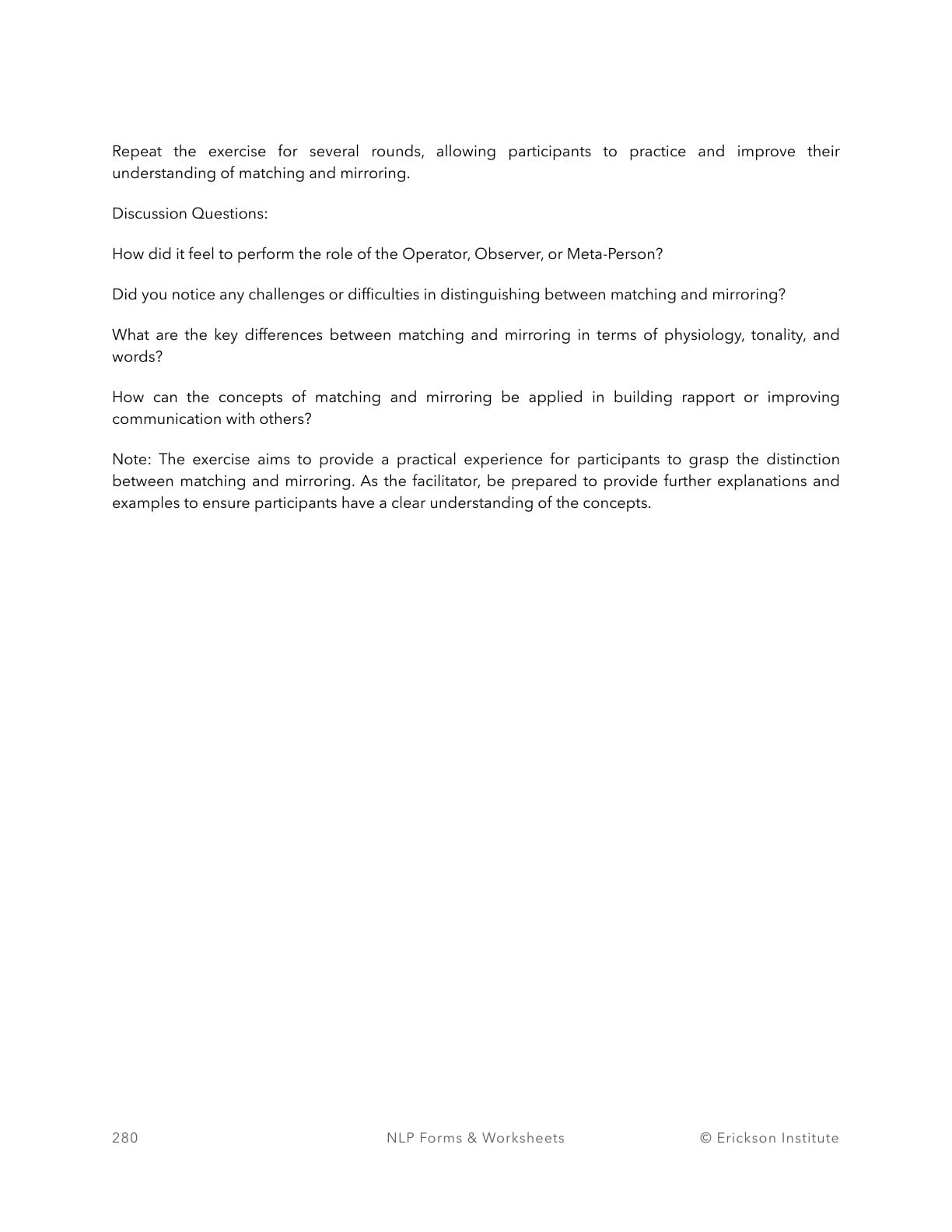 Matching vs. Mirroring - Group Exercise Template - Neuro Linguistic Programming 2