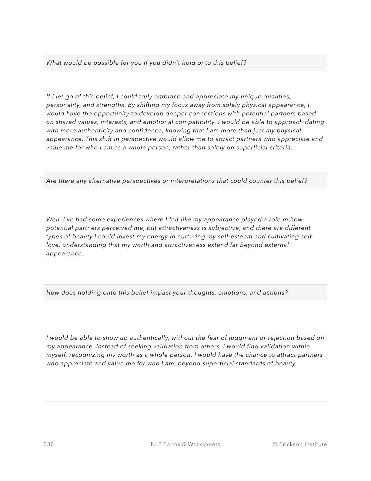 Questioning Limiting Beliefs Form (Example) - Neuro Linguistic Programming 2