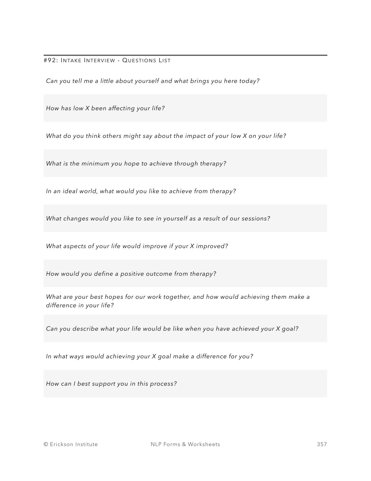 Intake Interview - Questions List - Neuro Linguistic Programming 1