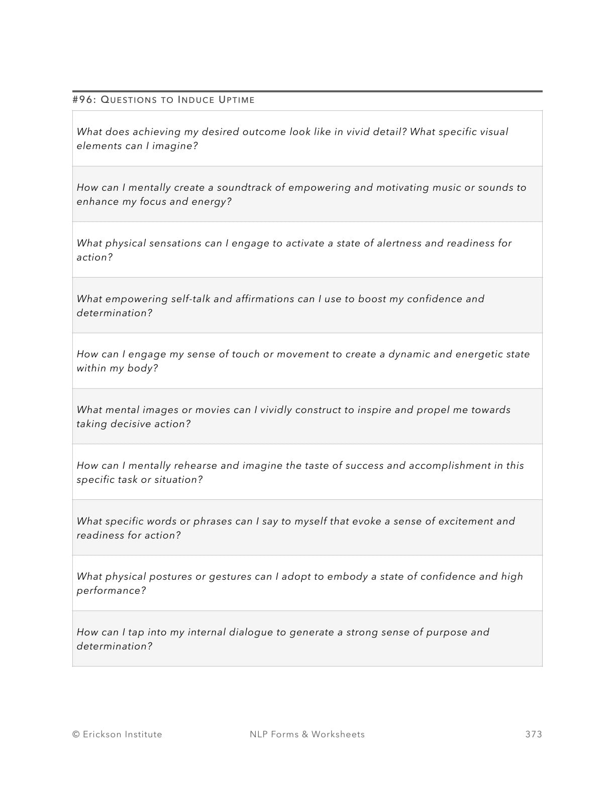 Questions to Induce Downtime - Neuro Linguistic Programming 1