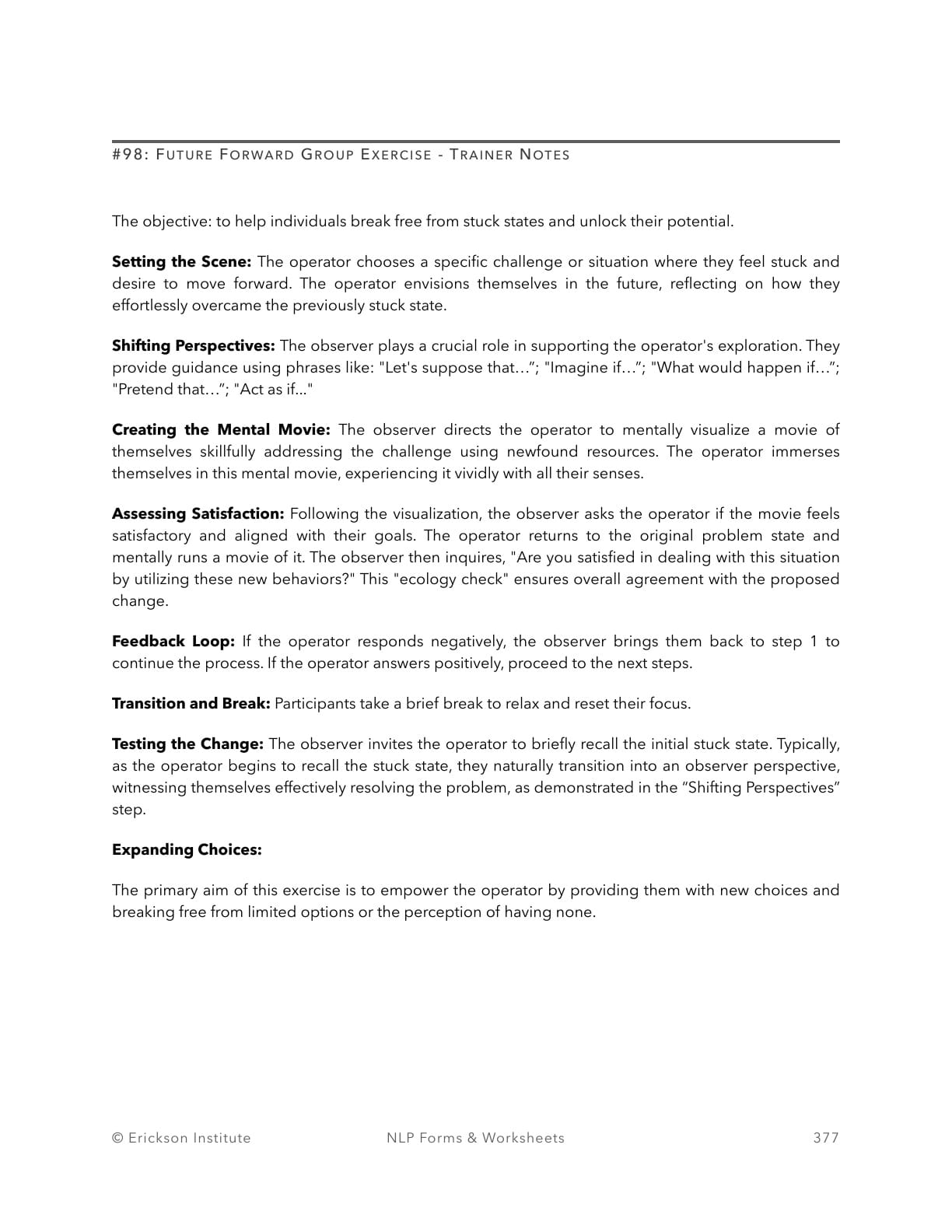 Future Forward Group Exercise - Trainer Notes - Neuro Linguistic Programming 1